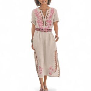 Sundance Women’s 100% Linen Floral Embroidered Maxi Dress Beige Size Small